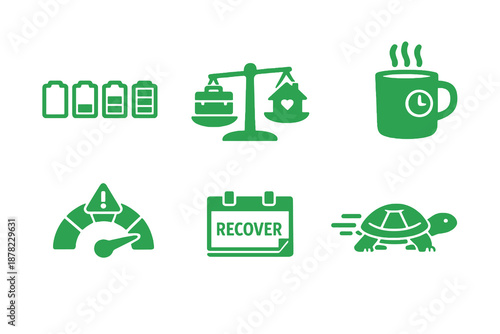 Energy management icon set with balance, recovery and burnout prevention. Monocromatic flat vector icons for wellness apps, planners, UI dashboards and productivity systems.