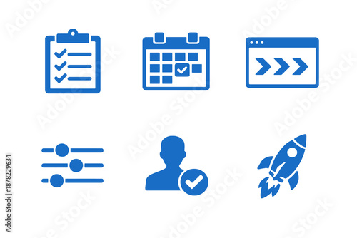Productivity onboarding icon set with first-week setup, configuration and quick start success. Monocromatic flat vector icons for apps, UI dashboards and SaaS platforms.