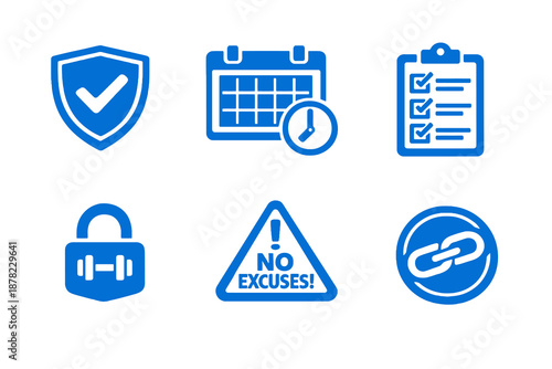 Routine enforcement icons set featuring discipline, structure and habit control. Clean monocromatic vector symbols for apps, planners and digital productivity systems.