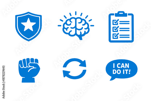 Confidence building icon set with mindset reset, self belief and personal strength. Monocromatic flat vector icons for self improvement apps, planners, UI dashboards and coaching platforms.