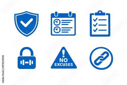 Personal discipline icon set with routines, rules and consistency enforcement. Monocromatic flat vector icons for habit apps, planners, UI dashboards and self improvement platforms.