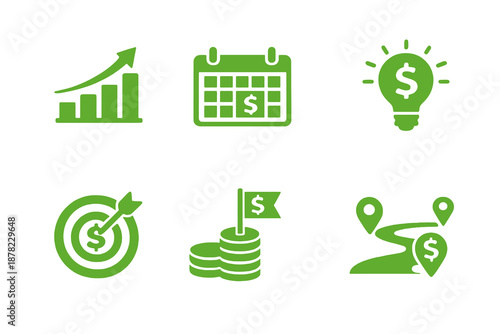 Income growth planning icons set featuring revenue goals, financial targets and strategy tracking. Clean monocromatic vector symbols for apps, planners and digital finance systems.