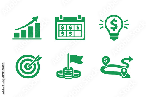 Financial goals icon set with income growth, planning and savings milestones. Monocromatic flat vector icons for finance apps, planners, UI dashboards and business tools.