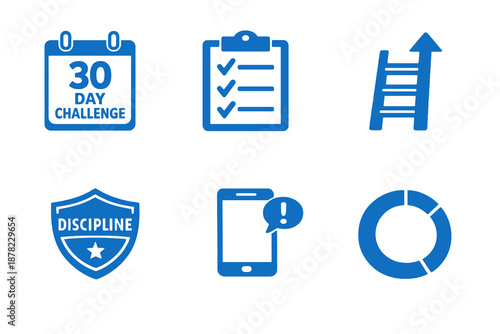 Personal growth program icons set featuring challenges, discipline and achievement tracking. Clean monocromatic vector symbols for apps, planners and digital self development systems.