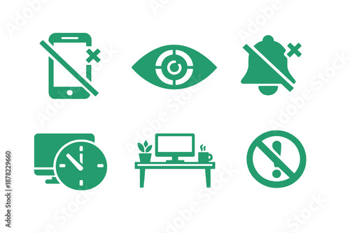 Focus reset icons set featuring distraction control, screen limits and mindful work. Clean monocromatic vector symbols for apps, planners and digital wellbeing systems.