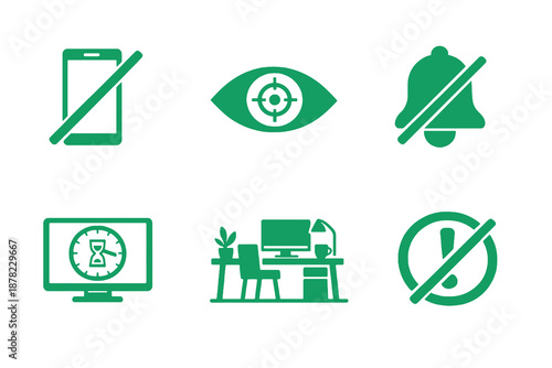 Digital detox icon set with focus reset, reduced screen time and calm productivity. Monocromatic flat vector icons for wellness apps, planners, UI dashboards and focus tools.