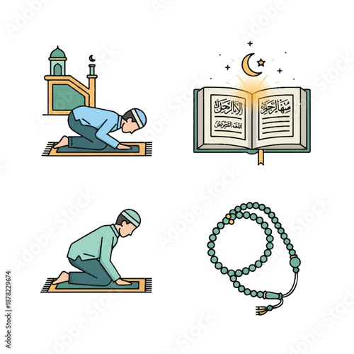 Muslim Man Praying with Quran and Tasbih.