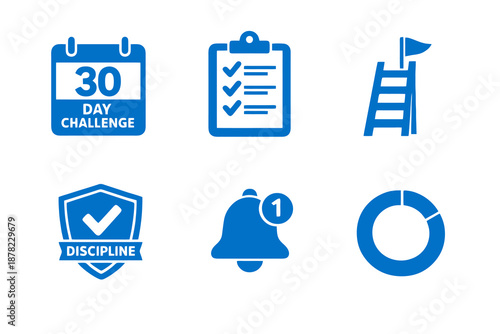 Self improvement challenge icon set with discipline, daily progress and personal growth. Monocromatic flat vector icons for habit apps, planners, UI dashboards and coaching platforms.