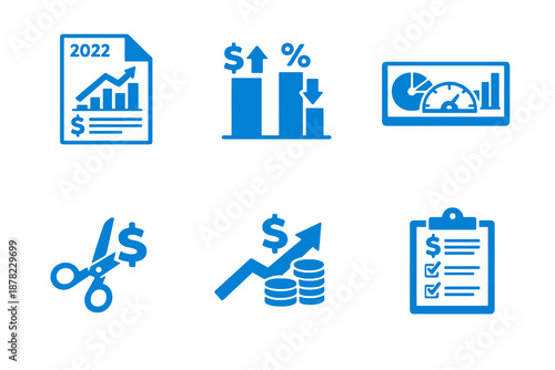 Financial review icon set with reports, performance analysis and profit tracking. Monocromatic flat vector icons for finance apps, dashboards, UI systems and business planning tools.