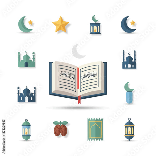 Open Quran Book with Islamic Symbols.