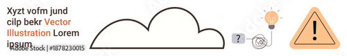 Cloud storage, innovation, problem-solving, caution, technology, data security. A cloud shape, light bulb question mark and warning symbol. Cloud storage and innovation concept