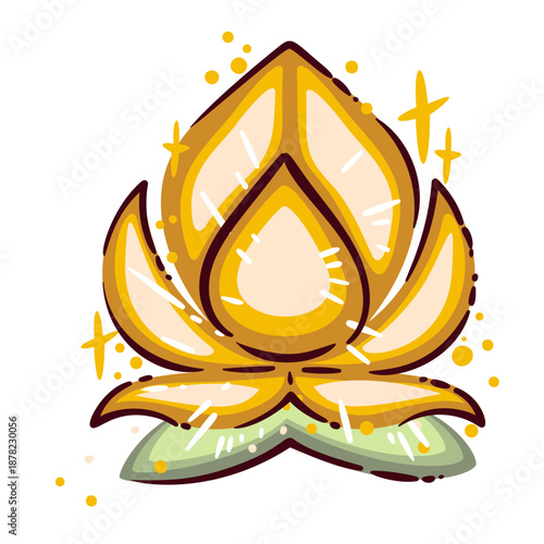 Glowing lotus lantern with layered petals and light sparkles. Lotus lantern symbol with warm yellow glow, festival decor element, cultural celebration motif, isolated cartoon vector illustration.