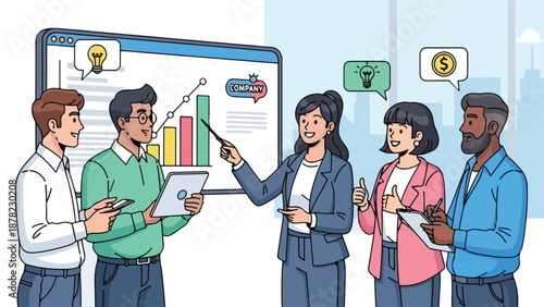 A diverse group discusses a colorful business graph