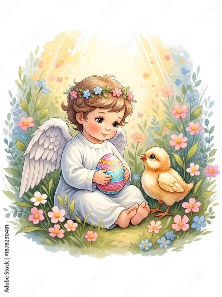 Naklejka premium Adorable watercolor illustration of a baby angel with wings and a halo sitting in a flower field. He is holding a decorated Easter egg and looking at a cute chick under divine sunlight rays