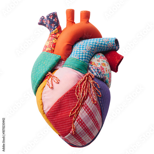 Patchwork human heart creative clip art with detailed illustration of human heart made from fabric pieces isolated on transparent background 