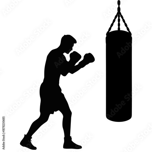 silhouette of a person hitting a punching bag on a white background