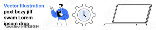 Time management, productivity tools, remote work, online task planning, efficiency, workflow. Person holding clipboard, gear clock laptop. Time management and productivity tools concept