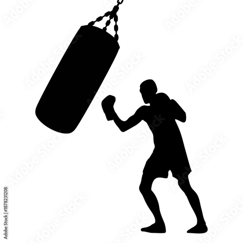 silhouette of a person hitting a punching bag on a white background
