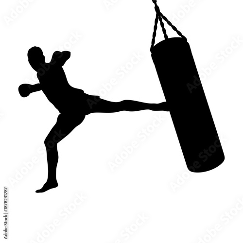 silhouette of a person hitting a punching bag on a white background