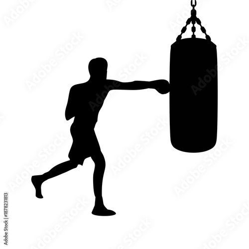 silhouette of a person hitting a punching bag on a white background