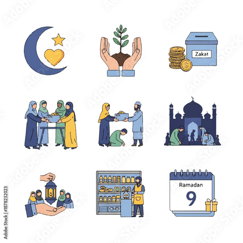 Ramadan Charity and Community Icons Set.