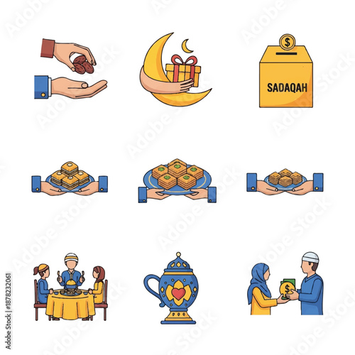 Ramadan Charity and Food Donation Icons.