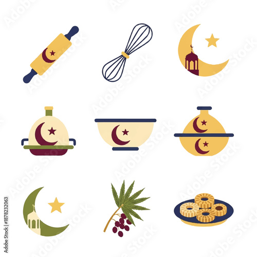 Ramadan Icons Featuring Crescent Moon Symbols.