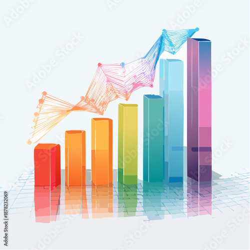 3D Bar Chart with Upward Trend Line Showing Growth and Positive Financial Performance