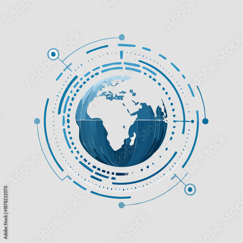Digital Futuristic Earth Globe with Abstract Technology Interface and Glowing Network Lines in a Blue and White Color Scheme