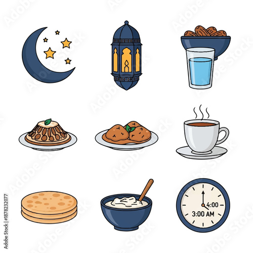 Ramadan Fasting Food and Drink Illustrations Set.