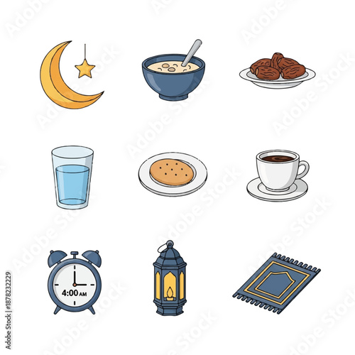 Ramadan Icons Featuring Food and Symbols.