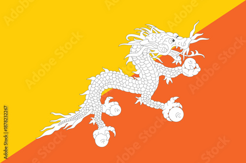Flag of Bhutan with Druk Dragon – National Symbol Vector Illustration