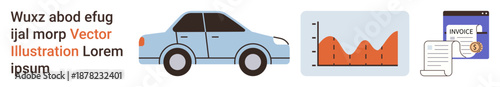 Business, transportation, financial planning, data analysis, reporting, invoice processing. A car, line chart and invoice are . Business and data analysis concepts are visually featured