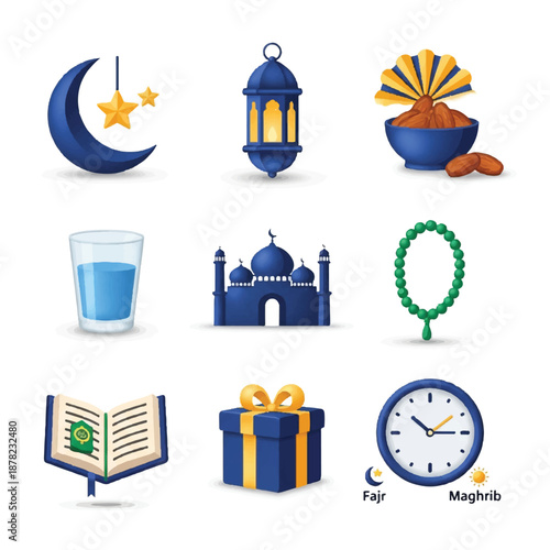 Ramadan Icons Featuring Islamic Symbols and Objects.