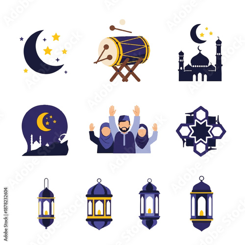 Ramadan Icons Featuring Crescent Moon and Lanterns.