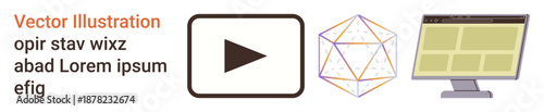 Video streaming, digital media, website design, 3D modeling, user interface, graphic design. Play button, geometric shape and computer display icon. Video streaming and digital media