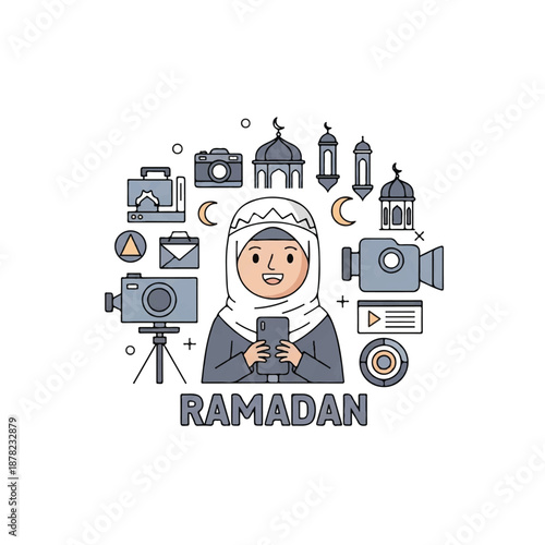 Woman in Hijab Holding Phone Ramadan Icons.
