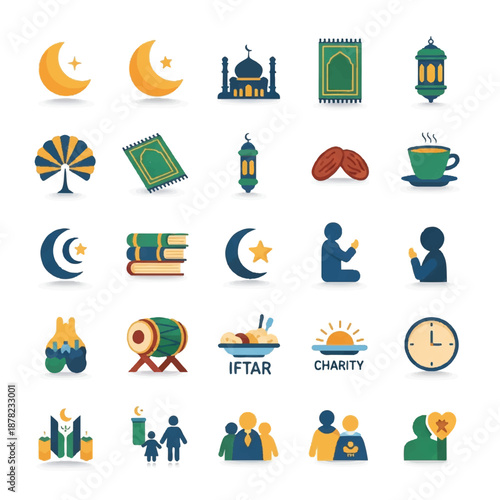 Ramadan Icons Featuring Mosque and Crescent.