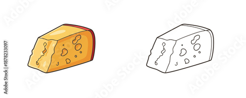 Parmesan cheese wedge in cartoon style and line art version with warm yellow and orange tones representing organic dairy product for food design on white background