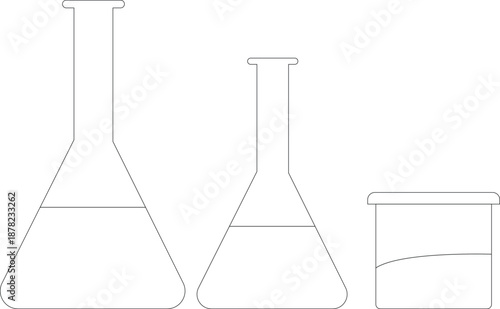 Minimalist outline icons of laboratory glassware including flasks and beaker for science research