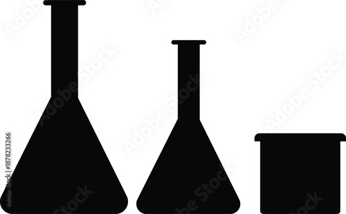 Solid black silhouettes of laboratory glassware set with flasks and beaker for scientific icons