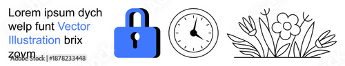 Security, time management, nature, productivity, serenity, technology. A lock, clock and blooming flowers in distinct styles. Security and time management concepts visually
