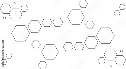 Scattered Hexagon Outline Pattern on White Background, Minimalist Geometric Design for Science, Technology, and Architecture Concepts