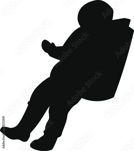 Black silhouette of an astronaut in zero gravity floating in outer space with mission backpack