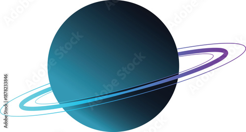 Stylized gas giant planet Saturn illustration with colorful blue and purple rings on white background