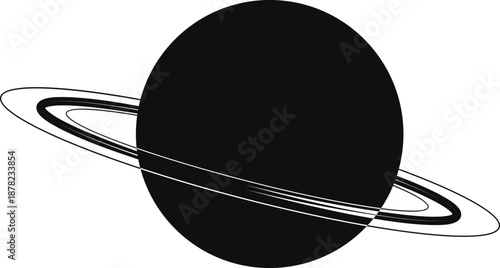 Minimalist black silhouette of planet Saturn with multiple white orbital rings on white background