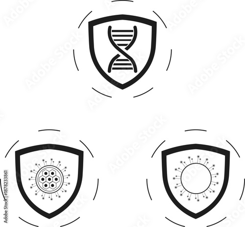 Set of three medical shield icons representing DNA research, virus protection and bacterial defense