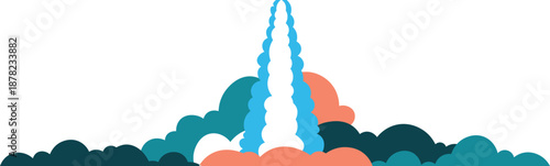 Stylized colorful smoke clouds and plumes from a rocket launch in shades of blue teal and coral