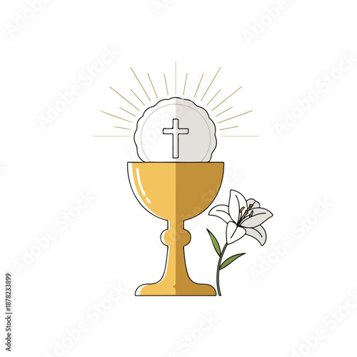 A gold chalice with a white host and flower