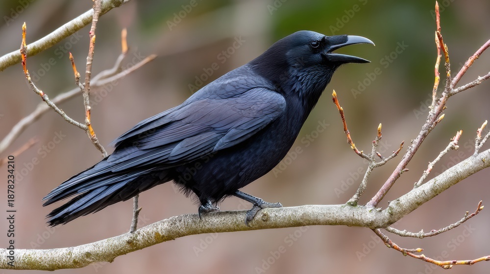 Fototapeta premium Raven perched on branch in forest during spring season calling out in response to surroundings